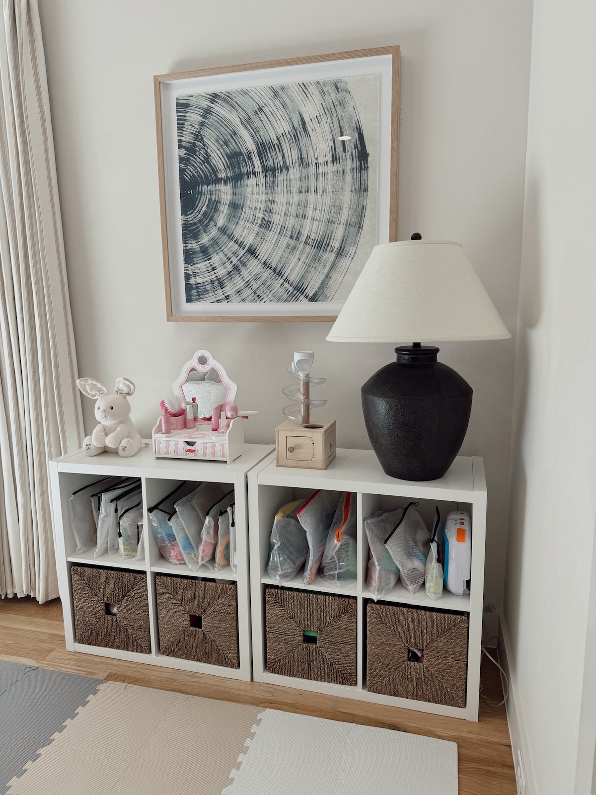 brighton butler kid's playroom reveal - more cubbies with a lamp