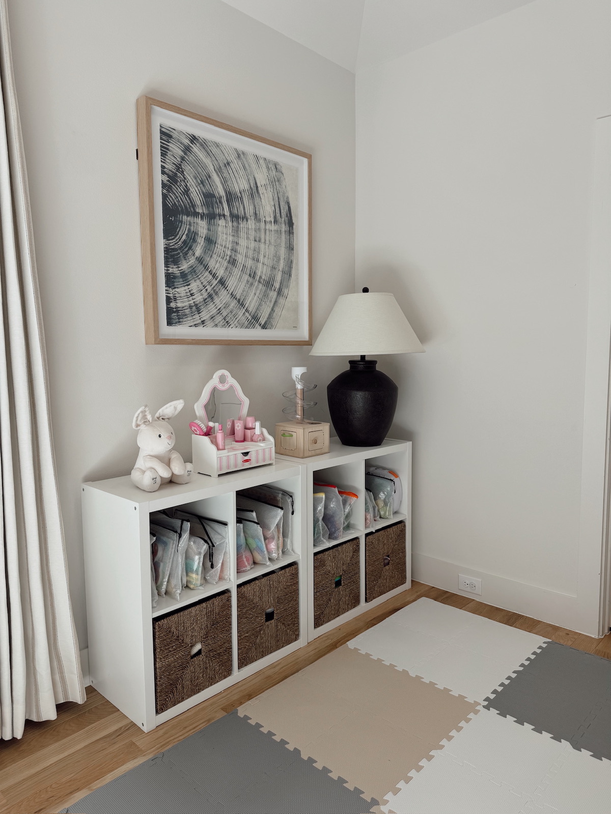 brighton butler kid's playroom reveal - more cubbies with a lamp at another angle