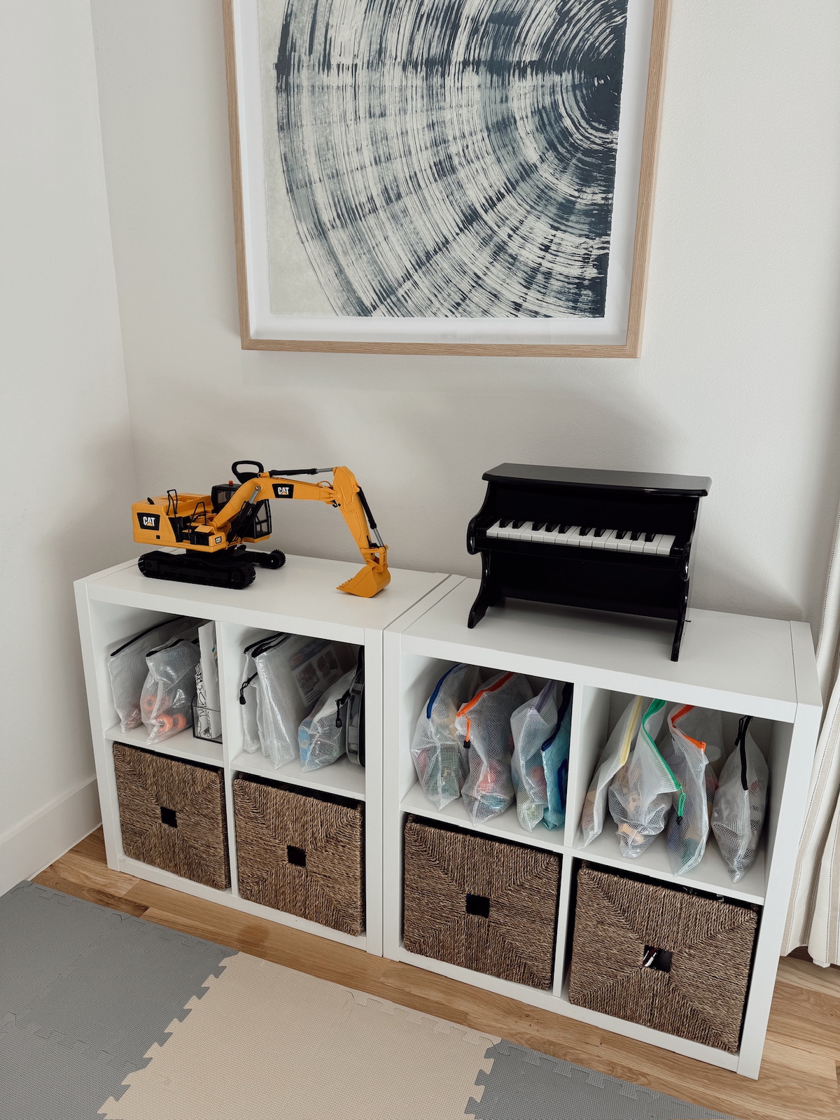 brighton butler kid's playroom reveal - toy piano, digger, and organizer for toys