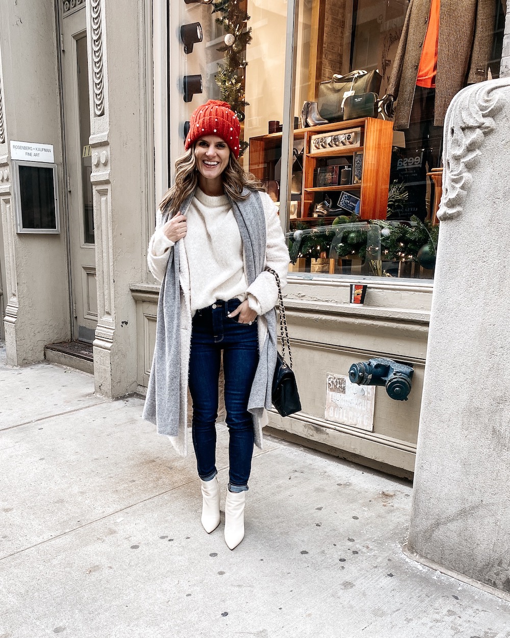 Coordinate Your Sweater and booties winter outfit, cashmere scarf, white booties, beanie, winter outfit