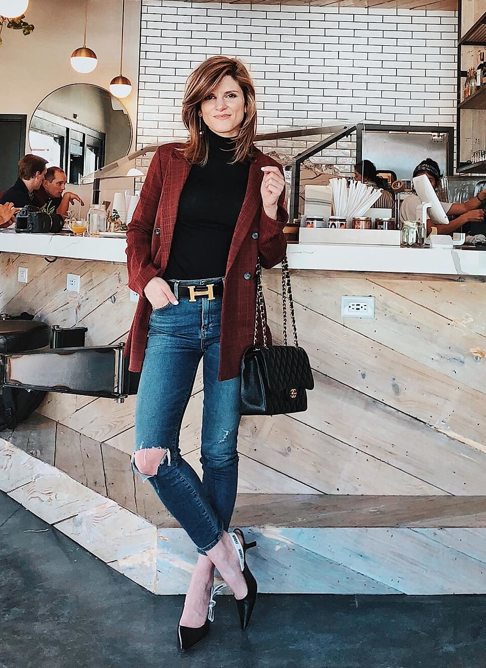 high-waisted jeans and blazer