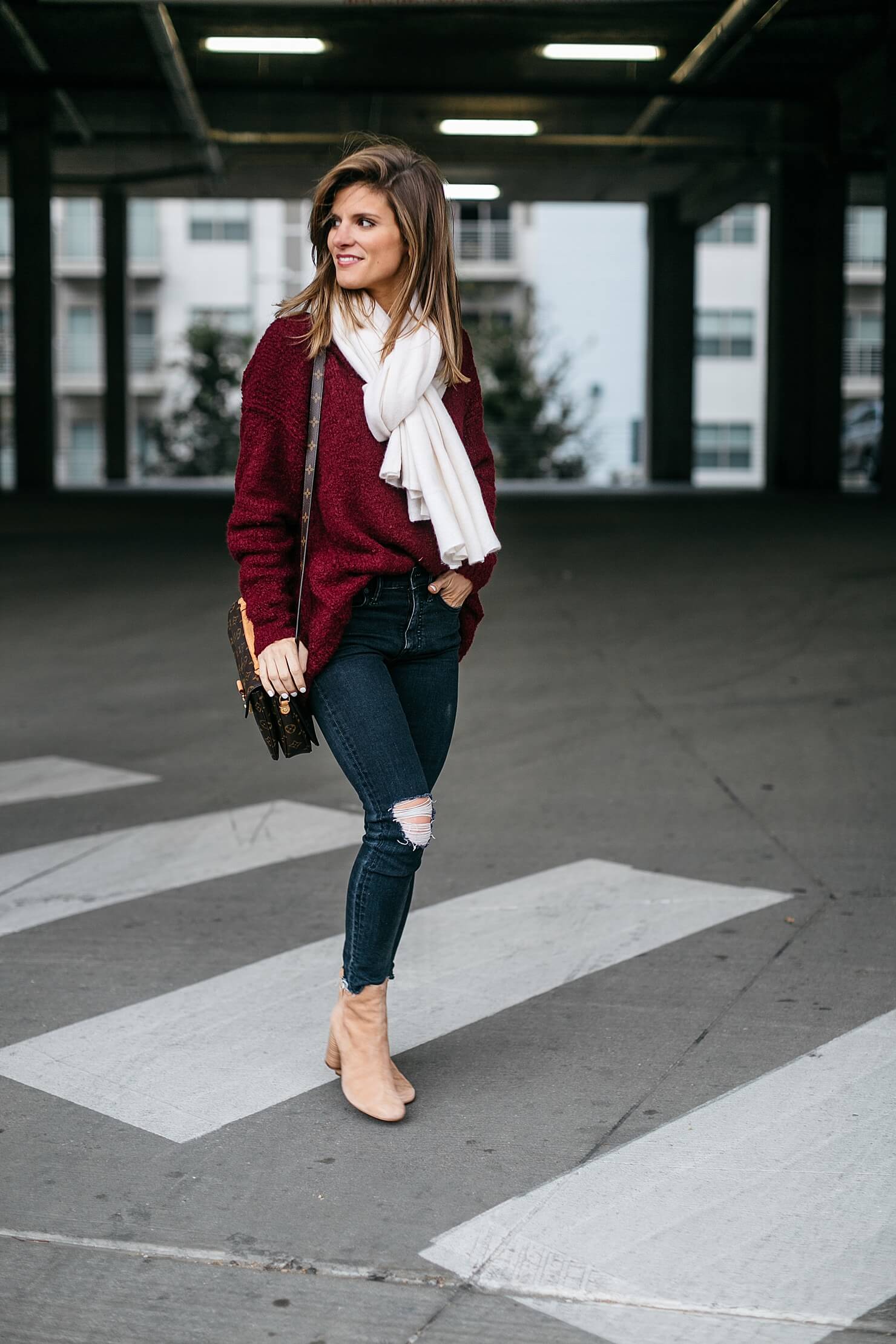 burgundy sweater, skinny jeans, white scarf and brown booties